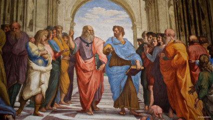The School of Athens:  Leonardo da Vinci as Plato and Aristotle