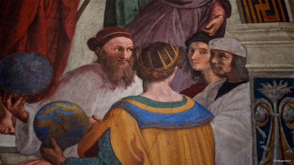 The School of Athens: Zoroaster, Ptolemy, Raphael as Apelles and Perugino as Protogenes